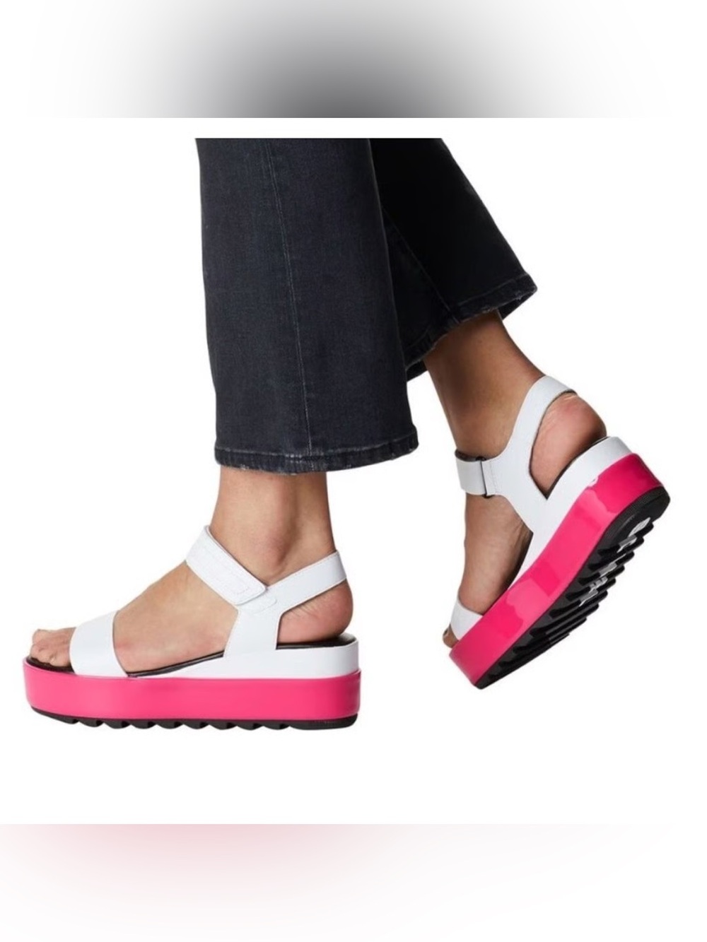 Sorel | Cameron White and Hot Punch Pink Wedge Platform Sandal Velcro Straps